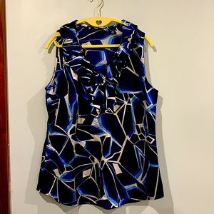 Sleeveless blue print top w/ruffle collar Sz 16